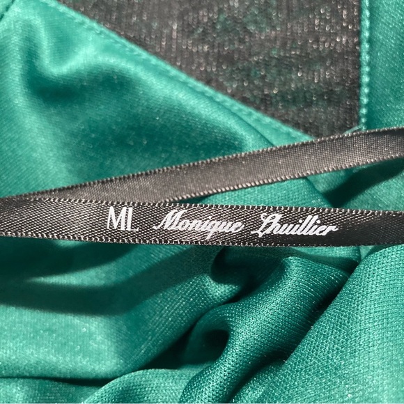 MONIQUE LHULLIER Sz 2 (estimated) Green Sheen Black Lace Top & Side Party Dress - Picture 11 of 11